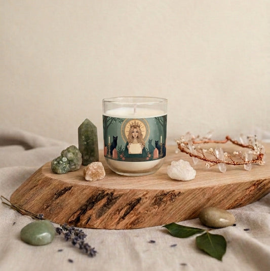 A glass jar candle with a colorful religious label featuring a haloed figure, styled on a rustic wood slice with crystals, lavender, and green stones against a neutral beige background.