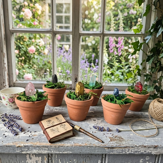 A collection of small terracotta pots filled with green moss and decorative crystals, arranged on a rustic weathered wooden table in front of a window with a garden view. A small floral teacup, a vintage-style notebook, a pen, and lavender sprigs are also present.
